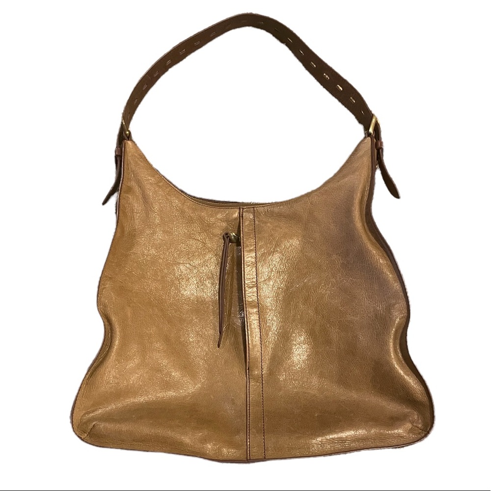 Hobo Marley Leather Shoulder Bag in Olive Brown and Tan Crusade